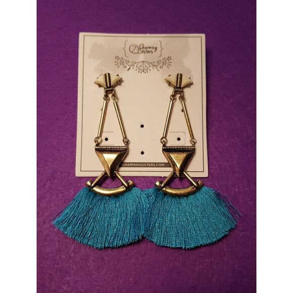 Long Dangle Bright Blue Tassel Chandelier Style Earrings Brass Tone Pierced New - Picture 2 of 7